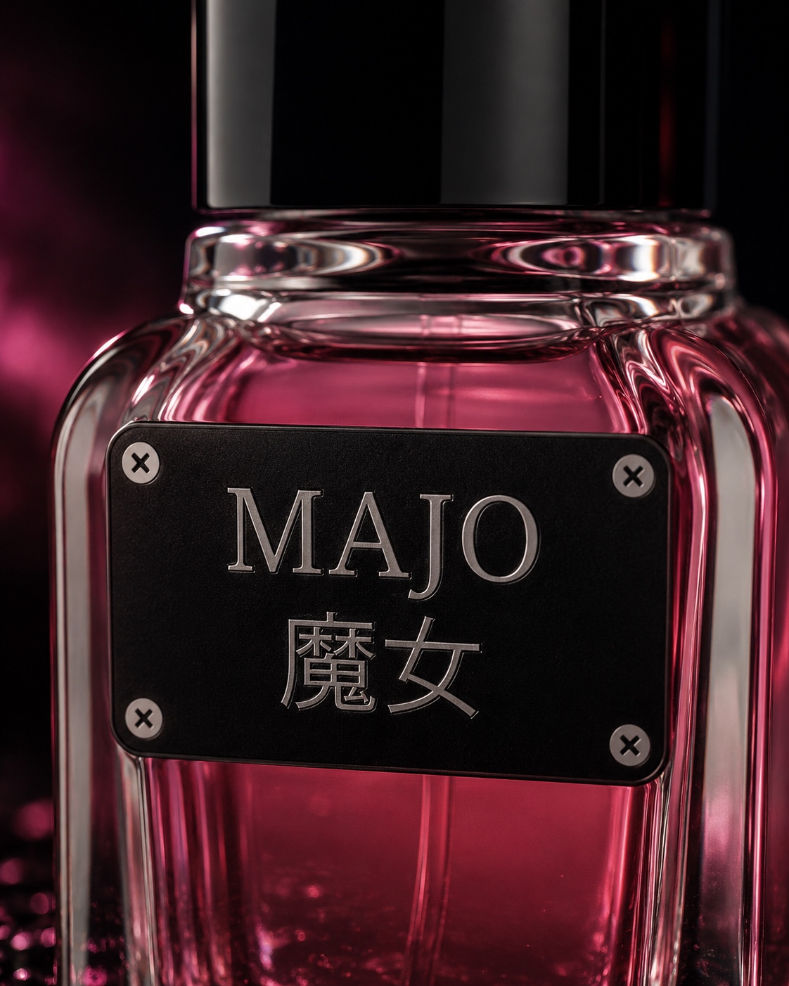 Close up of KURO MAJO label and pink liquid