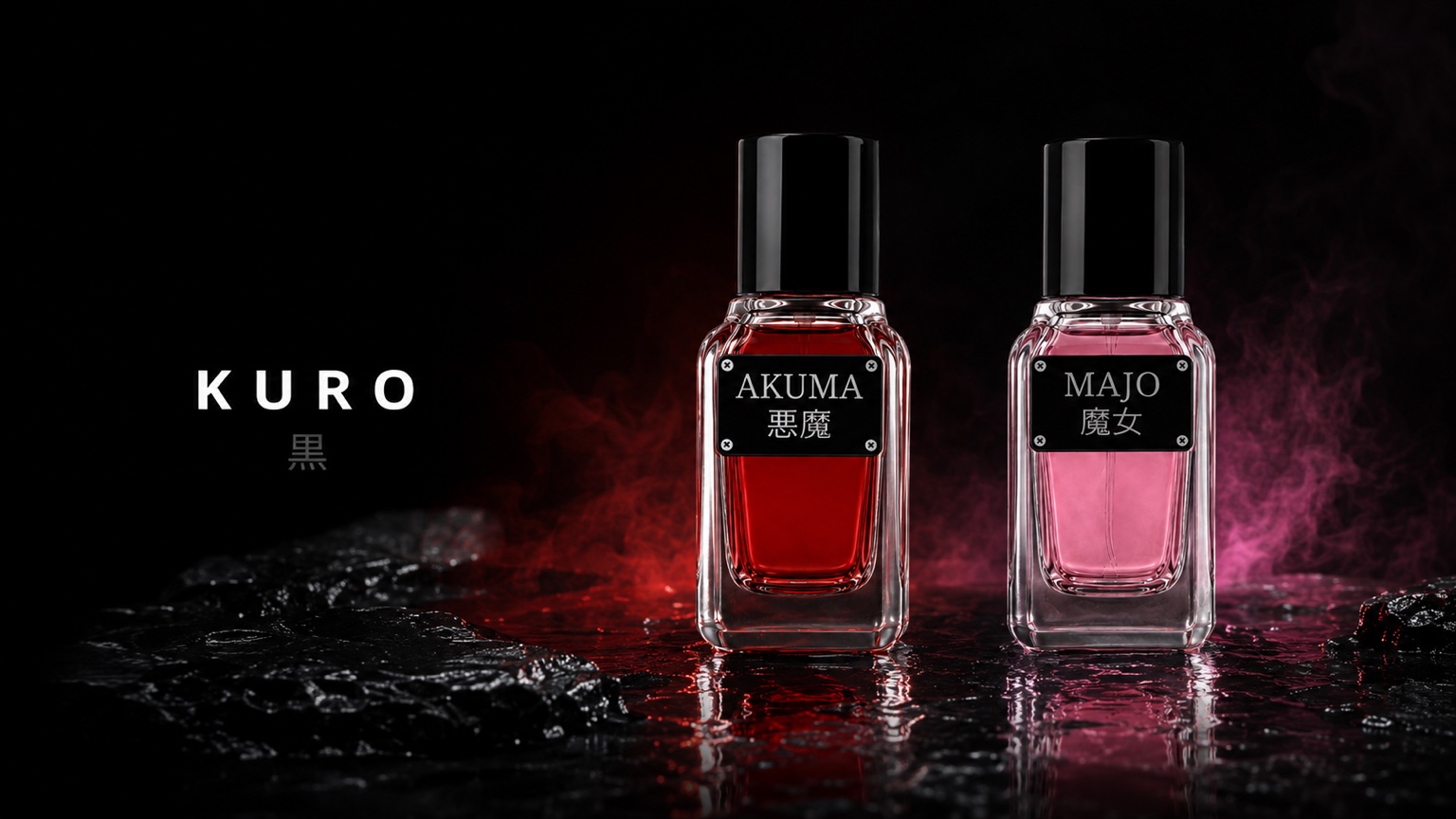 KURO AKUMA and MAJO perfume bottles on a dark wet stone surface